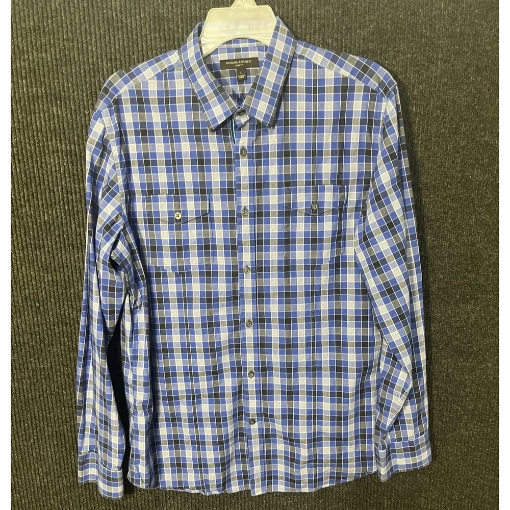 Banana Republic Shirt Men Large Blue Plaid Button Down Long Sleeve Slim Fit L‎